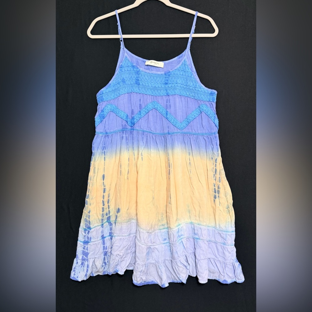Blue and Yellow Dress Tie Dye Embroidered Viscose spaghetti straps Hippie Boho
